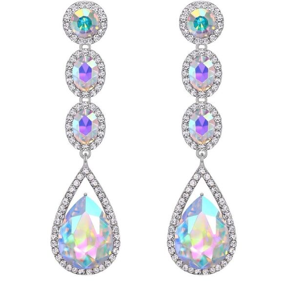 Silver with Iridescent AB and Diamond Crystal Teardrop Halo Chandelier Earrings - Picture 1 of 5